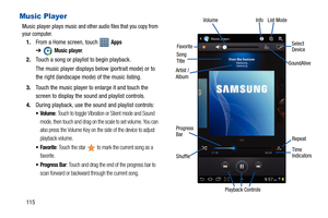 Page 120115
Music Player
Music player plays music and other audio files that you copy from 
your computer.
1.From a Home screen, touch   Apps 
➔
Music player.
2.Touch a song or playlist to begin playback.
The music player displays below (portrait mode) or to 
the right (landscape mode) of the music listing.
3.Touch the music player to enlarge it and touch the 
screen to display the sound and playlist controls.
4.During playback, use the sound and playlist controls:
: Touch to toggle Vibration or Silent mode and...