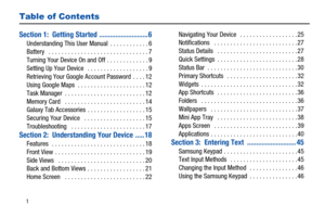Page 61
Table of Contents
Section 1:  Getting Started ...........................6
Understanding This User Manual  . . . . . . . . . . . . 6
Battery   . . . . . . . . . . . . . . . . . . . . . . . . . . . . . . . 7
Turning Your Device On and Off . . . . . . . . . . . . . 9
Setting Up Your Device   . . . . . . . . . . . . . . . . . . . 9
Retrieving Your Google Account Password  . . . . 12
Using Google Maps  . . . . . . . . . . . . . . . . . . . . . 12
Task Manager  . . . . . . . . . . . . . . . . . . . . . . ....