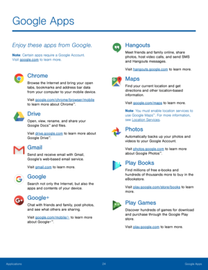 Page 2924Google Apps
Enjoy these apps from Google.
Note: Certain apps require a Google Account. 
Visit google.com to learn more.
Chrome
Browse the Internet and bring your open 
tabs, bookmarks and address bar data 
from your computer to your mobile device.
Visit google.com/chrome/browser/mobile 
to learn more about Chrome
™.
Drive
Open, view, rename, and share your 
Google Docs™ and files.
Visit drive.google.com to learn more about 
Google Drive
™.
Gmail
Send and receive email with Gmail, 
Google’s web-based...