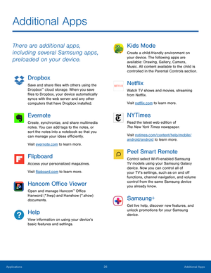 Page 3126Additional Apps
There are additional apps, 
including several Samsung apps, 
preloaded on your device.
Dropbox
Save and share files with others using the 
Dropbox™ cloud storage. When you save 
files to Dropbox, your device automatically 
syncs with the web server and any other 
computers that have Dropbox installed.
Evernote
Create, synchronize, and share multimedia 
notes. You can add tags to the notes, or 
sort the notes into a notebook so that you 
can manage your ideas efficiently.
Visit...