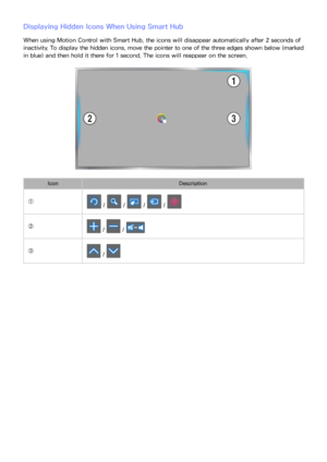 Page 115108109
Displaying Hidden Icons When Using Smart Hub
When using Motion Control with  Smart Hub, the icons will disappear automatically after 2 seconds of 
inactivity. To display the hidden icons, move the pointer to one of the three edges shown below (marked 
in blue) and then hold it there for 1 second. The icons will reappear on the screen.
Icon Description
①
 /  /  /  / 
② /  / 
③ /  