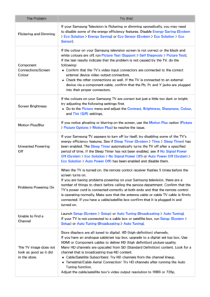 Page 198192
The ProblemTry this!
Flickering and Dimming If your Samsung Television is flickering or dimming sporadically, you may need 
to disable some of the energy efficiency features. Disable Energy Saving
 (System 
>  Eco Solution  > Energy Saving ) or Eco Sensor ( System > Eco Solution  > Eco 
Sensor).
Component 
Connections/Screen 
Colour If the colour on your Samsung television screen is not correct or the black and 
white colours are off, run Picture Test (
Support > Self Diagnosis >  Picture Test).
If...