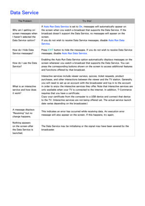 Page 203196197
Data Service
The ProblemTry this!
Why am I getting on-
screen messages when 
I haven't selected the 
Data Service option? If 
Auto Run Data Service is set to On , messages will automatically appear on 
the screen when you watch a broadcast that supports the Data Service. If the 
broadcast doesn't support the Data Service, no messages will appear on the 
screen.
If you do not wish to receive Data Service messages, disable Auto Run Data 
Service.
How do I hide Data 
Service messages? Press...