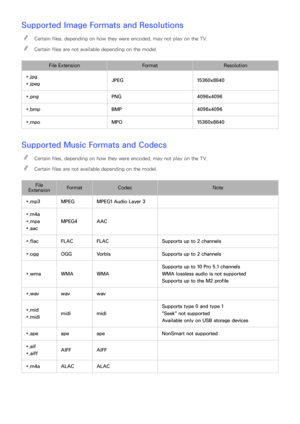 Page 226220
Supported Image Formats and Resolutions
 
"Certain files, depending on how they were encoded, may not play on the TV.
 
"Certain files are not available depending on the model.
File Extension For matResolution
*.jpg
*.jpeg JPEG
15360x8640
*.png PNG4096x4096
*.bmp BMP4096x4096
*.mpo MPO15360x8640
Supported Music Formats and Codecs
 
"Certain files, depending on how they were encoded, may not play on the TV.
 
"Certain files are not available depending on the model.
File 
Extension For...