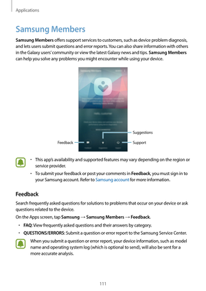 Page 111Applications
111
Samsung Members
Samsung Members offers support services to customers, such as device problem diagnosis, 
and lets users submit questions and error reports. You can also share information with others 
in the Galaxy users’ community or view the latest Galaxy news and tips. 
Samsung Members 
can help you solve any problems you might encounter while using your device.
Feedback Support
Suggestions
•	This app’s availability and supported features may vary depending on the region or 
service...