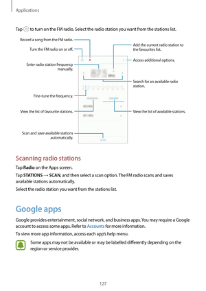 Page 127Applications
127
Tap 
 to turn on the FM radio. Select the radio station you want from the stations list.
View the list of available stations. Access additional options.
Scan and save available stations  automatically. Add the current radio station to 
the favourites list.
Fine-tune the frequency.
View the list of favourite stations.
Record a song from the FM radio.
Turn the FM radio on or off.
Enter radio station frequency  manually.
Search for an available radio 
station.
Scanning radio stations
Tap...