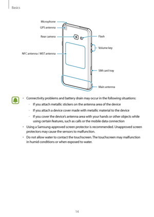 Page 14Basics
14
Main antenna
SIM card tray Volume key
NFC antenna / MST antenna Rear camera
Microphone
Flash
GPS antenna
•	Connectivity problems and battery drain may occur in the following situations:
	–If you attach metallic stickers on the antenna area of the device
	–If you attach a device cover made with metallic material to the device
	–If you cover the device’s antenna area with your hands or other objects while 
using certain features, such as calls or the mobile data connection
•	Using a...