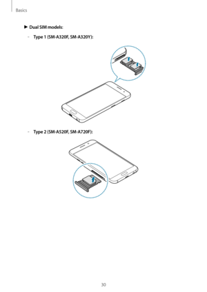 Page 30Basics
30
► Dual SIM models:
	–Type 1 (SM-A320F, SM-A320Y):
	–Type 2 (SM-A520F, SM-A720F):   