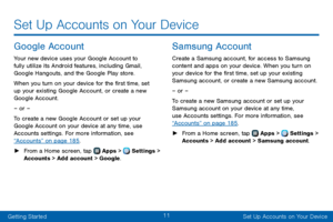 Page 1911
Getting StartedSet Up Accounts on Your Device
Set Up Accounts on Your Device
Google Account
Your new device uses your Google Account to 
fully utilize its Android features, including Gmail, 
Google Hangouts, and the Google Play store. 
When you turn on your device for the first time, set 
up your existing Google Account, or create a new 
Google Account.
– or –
To create a new Google Account or set up your 
Google Account on your device at any time, use 
Accounts settings. For more information, see...