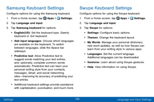 Page 196188
Settings Language and Input Settings
Samsung Keyboard Settings
Configure options for using the Samsung keyboard.
1. From a Home screen, tap  Apps >  Settings.
2. Tap Language and input.
3. Tap Samsung keyboard for options:
• English(US): Set the keyboard type: Qwerty 
keyboard or 3x4 keyboard.
• Add input languages: Choose which languages 
are available on the keyboard. To switch 
between languages, slide the Space bar 
sideways.
• Predictive text: Allow Predictive text to 
suggest words matching...