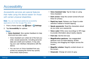 Page 203195
SettingsAccessibility
Accessibility
Accessibility services are special features 
that make using the device easier for those 
with certain physical disabilities. 
Note : You can download additional accessibility 
applications from the Google Play store.
1. From a Home screen, tap  Apps >  Settings .
2. Tap Accessibility for options:
Vision
• Voice Assistant: Give spoken feedback to help 
blind and low-vision users.
 -Voice Assistant can collect all of the text you 
enter, except passwords, including...