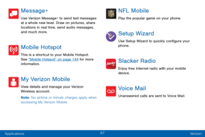 Page 7567
Applications Verizon
Message+
Use Verizon Message+ to send text messages 
at a whole new level. Draw on pictures, share 
locations in real time, send audio messages, 
and much more.
Mobile Hotspot
This is a shortcut to your Mobile Hotspot. 
See “Mobile Hotspot” on page 144 for more 
information.
My Verizon Mobile
View details and manage your Verizon 
Wireless account.
Note: No airtime or minute charges apply when 
accessing My Verizon Mobile.
NFL Mobile
Play the popular game on your phone.
Setup...