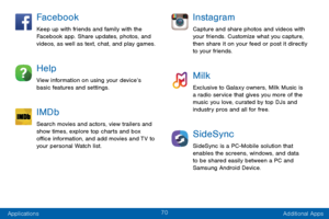 Page 7870
Applications Additional Apps
Facebook
Keep up with friends and family with the 
Facebook app. Share updates, photos, and 
videos, as well as text, chat, and play games.
Help
View information on using your device’s 
basic features and settings.
IMDb
Search movies and actors, view trailers and 
show times, explore top charts and box 
office information, and add movies and TV to 
your personal Watch list.
Instagram
Capture and share photos and videos with 
your friends. Customize what you capture, 
then...