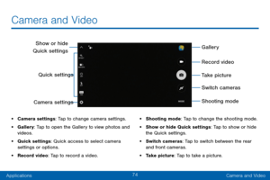 Page 8274
ApplicationsCamera and Video
Camera and Video
• Camera settings: Tap to change camera settings.
• Gallery: Tap to open the Gallery to view photos and 
videos.
• Quick settings: Quick access to select camera 
settings or options.
• Record video: Tap to record a video.
• Shooting mode: Tap to change the shooting mode.
• Show or hide Quick settings: Tap to show or hide 
the Quick settings.
• Switch cameras: Tap to switch between the rear 
and front cameras.
• Take picture: Tap to take a picture.
Gallery...