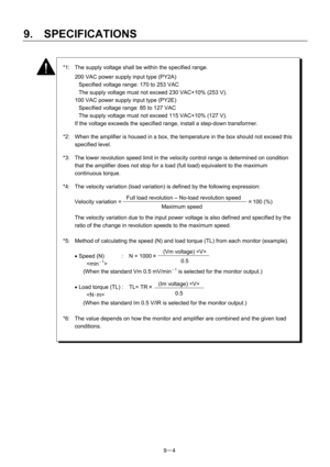 Page 186 
9.  SPECIFICATIONS 
9－4 
 
*1:  The supply voltage shall be within the specified range.  
  200 VAC power supply input type (PY2A) 
  Specified voltage range: 170 to 253 VAC 
The supply voltage must not exceed 230 VAC+10% (253 V). 
  100 VAC power supply input type (PY2E) 
  Specified voltage range: 85 to 127 VAC 
The supply voltage must not exceed 115 VAC+10% (127 V). 
  If the voltage exceeds the specified range, install a step-down transformer. 
*2:  When the amplifier is housed in a box, the...