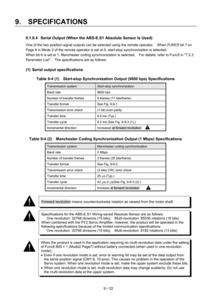 Page 204 
9.  SPECIFICATIONS 
9－22 
9.1.6.4  Serial Output (When the ABS-E.S1 Absolute Sensor Is Used) 
One of the two position signal outputs can be selected using the remote operator.    When FUNC5 bit 7 on 
Page 6 in Mode 2 of the remote operator is set at 0, start-stop synchronization is selected.     
When bit 6 is set at 1, Manchester coding synchronization is selected.    For details, refer to Func5 in 7.2.3   
Parameter List.  The specifications are as follows: 
 
(1)  Serial output specifications 
Table...