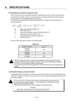 Page 234 
9.  SPECIFICATIONS 
9－52 
(2)  Instantaneous resistance of dynamic brake 
When the load inertia (JL) substantially exceeds the applicable load inertia, dynamic brake resistance 
may abnormally increase, causing an overheating alarm or damage of the dynamic brake resistance. 
Consult with us if such operating conditions are assumed. 
The energy E
RD consumed by the dynamic brake operation at a single time is represented by the 
following expression. 
 
E
RD =           × {    (Jm + JL) ×        N  – I •...