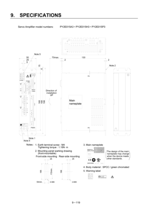 Page 301 
9.  SPECIFICATIONS 
9－119  Servo Amplifier model numbers:  PY2E015A3 • PY2E015H3 • PY2E015P3 
 
 
2. Mounting panel warking drawing
Front-side mounting 1. Earth terminal screw : M4
Rear-side mountingThe design of the main
nameplate may change
4. Body material : SPCC / green chromated
5. Warning label
3. Main nameplate
when the device meets
Tightening torque : 1.18N  m
(front-mountable) Notes :
other standards.
188172min.
54min.
25
188
25
4-M44-M4
U
V
W
NP
Y188 168198
RT
t r
515
25
5 50
2
70max.
2
130...