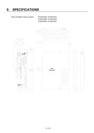 Page 303 
9.  SPECIFICATIONS 
9－121  Servo Amplifier model numbers:  PY2A015A6 • PY2A015A7   
  PY2A015H6 • PY2A015H7 
  PY2A015P6 • PY2A015P7 
 
Main 
nameplate 