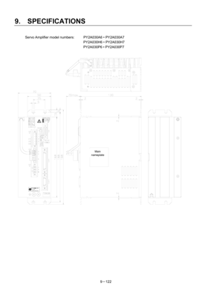 Page 304 
9.  SPECIFICATIONS 
9－122  Servo Amplifier model numbers:  PY2A030A6 • PY2A030A7   
  PY2A030H6 • PY2A030H7 
  PY2A030P6 • PY2A030P7 
 
 
Main 
nameplate 