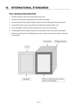 Page 336 
10.  INTERNATIONAL STANDARDS 
10－5 
10.2.3  Structure of the Control Panel 
1.  A metallic material is used for the control panel and its cover. 
2.  The joint of the roof and the side board shall be masked and welded. 
3.  The joint fixed with screws shall be welded to prevent noise from leaking from the gap in the joint. 
4.  In case of fixing with screws or spot welding, the welding space shall be within 10 cm. 
5.  Use an EMI gasket to prevent clearance between the cover and the control panel. 
6....