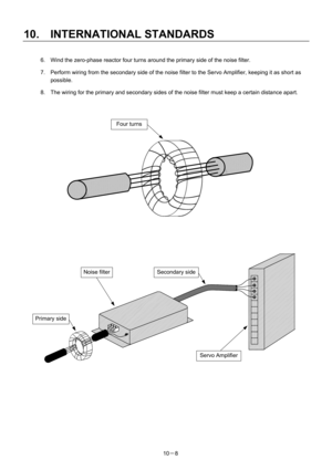 Page 339 
10.  INTERNATIONAL STANDARDS 
10－8  6.  Wind the zero-phase reactor four turns around the primary side of the noise filter. 
7.  Perform wiring from the secondary side of the noise filter to the Servo Amplifier, keeping it as short as 
possible. 
8.  The wiring for the primary and secondary sides of the noise filter must keep a certain distance apart. 
 
 
 
 
 
 
 
 
 
 
 
 
 
 
 
 
 
 
 
 
 
 
 
 
 
 
 
 
 
 
 
 
 
 
 
 
 
Four turns 
Primary side 
Noise filter Secondary side
Servo Amplifier  