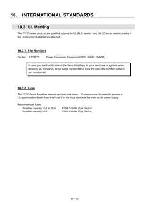 Page 341 
10.  INTERNATIONAL STANDARDS 
10－10 
 10.3 UL Marking 
The PY2 series products are qualified to have the UL (U.S. version) and cUL (Canada version) marks of 
the Underwriters Laboratories attached. 
 
 
 
10.3.1 File Numbers 
File No.:  E179775      Power Conversion Equipment (CCN: NMMS, NMMS7) 
 
 
 
 
 
 
 
 
10.3.2 Fuse 
The PY2 Servo Amplifiers are not equipped with fuses.    Customers are requested to prepare a 
UL-approved fast-blown fuse and install it in the input section of the main circuit...