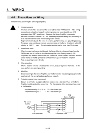 Page 68 
4.  WIRING 
4－19 
1 Noise processing 
  The main circuit of the Servo Amplifier uses IGBTs under PWM control.    If the wiring 
processing is not earthed properly, switching noise may occur by di/dt and dv/dt 
generated when IGBT is switched.    Because the Servo Amplifier incorporates 
electronic circuits such as the CPU, it is necessary to perform wiring and processing so 
as to prevent external noise from invading to the utmost. 
To prevent trouble due to this noise in advance, perform wiring and...