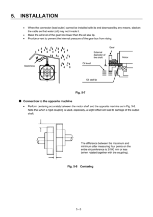 Page 79 
5.  INSTALLATION 
5 - 6  •  When the connector (lead outlet) cannot be installed with its end downward by any means, slacken 
the cable so that water (oil) may not invade it. 
•  Make the oil level of the gear box lower than the oil seal lip. 
•  Provide a vent to prevent the internal pressure of the gear box from rising. 
 
   
 
Fig. 5-7 
 
●  Connection to the opposite machine 
•  Perform centering accurately between the motor shaft and the opposite machine as in Fig. 5-8.   
Note that when a rigid...