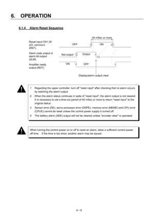 Page 88 
6.  OPERATION 
6－6 
6.1.4  Alarm Reset Sequence 
 
 
 
 
 
 
 
 
 
 
 
 
 
 
 
 
 
 
 
 
 
 
 
 
 
 
 
40 mSec or more 
ON OFF 
OutputNot output
ON OFF 
Display/alarm output clear 
Reset input CN1-30 
(23: common) 
(RST) 
Alarm code output or 
alarm bit output 
(ALM) 
Amplifier ready 
output (RDY) 
1  Regarding the upper controller, turn off reset input after checking that no alarm occurs 
by watching the alarm output. 
2  When the alarm status continues in spite of reset input, the alarm output is not...