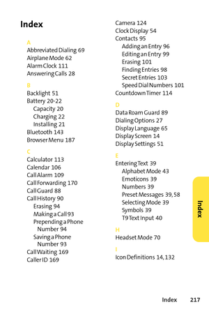 Page 233Index217
Index
A
Abbreviated Dialing  69
Airplane Mode  62
Alarm Clock  111
Answering Calls  28
B
Backlight 51
Battery  2022
Capacity  20
Charging  22
Installing  21
Bluetooth  143
Browser Menu  187
C
Calculator  113
Calendar  106
Call Alarm  109
Call Forwarding  170
Call Guard  88Call History  90
Erasing  94
Making a Call 93
Prepending a Phone
Number  94
Saving a Phone 
Number  93
Call Waiting  169
Caller ID  169Camera  124
Clock Display  54
Contacts  95
Adding an Entry  96
Editing an Entry  99
Erasing...