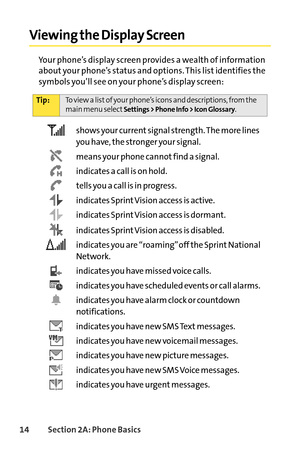 Page 3014Section 2A: Phone Basics
Viewing the Display Screen
Your phone’s display screen provides a wealth of information
about your phone’s status and options. This list identifies the
symbols you’ll see on your phone’s display screen:
shows your current signal strength. The more lines
you have, the stronger your signal.
means your phone cannot find a signal.
indicates a call is on hold.
tells you a call is in progress.
indicates SprintVision access is active.
indicates Sprint Vision access is dormant....