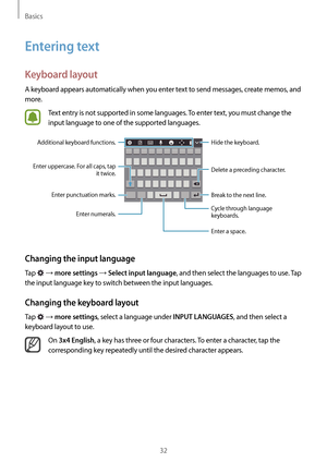 Page 32Basics
32
Entering text
Keyboard layout
A keyboard appears automatically when you enter text to send messages, create memos, and 
more.
Text entry is not supported in some languages. To enter text, you must change the 
input language to one of the supported languages.
Break to the next line. Hide the keyboard.
Delete a preceding character.
Enter punctuation marks.
Enter uppercase. For all caps, tap 
it twice.
Enter numerals.
Enter a space.
Additional keyboard functions.
Cycle through language...