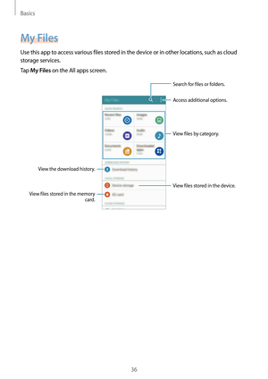 Page 36Basics
36
My Files
Use this app to access various files stored in the device or in other locations, such as cloud 
storage services.
Tap 
My Files on the All apps screen.
Access additional options.
View the download history.
Search for files or folders.
View files stored in the memory card. View files by category.
View files stored in the device.   