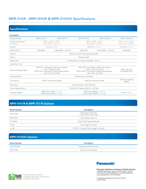 Page 4Product conforms to RoHS  
(European Restriction of Hazardous  
Substance directives) 
Specifications
Description
Model NumberM PR - 514 - PAMPR-514R-PA M PR -1014 - PAMPR-1014R-PA MPR-311DH-PA
Exterior Dimensions 
w x f- b x h 35.4” x 23.6” x 70.5”
 
9 0 0 x 60 0 x 179 0 mm 70.0” x 23.6” x 70.5”
 
49 0 x 60 0 x 1140 mm 31.4” x 17.7 x 70.8”
 
798 x 450 x 179 6 mm
Volume 17.2 cu.ft. / 4 89 L 36.5 cu.ft. / 1037 L12.01cu.ft. / 340 L
Wire Shelves adjustable½ adjustable, ½ roll- out adjustable½ adjustable, ½...