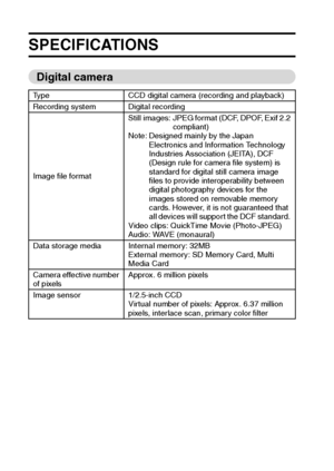 Page 175169English
SPECIFICATIONS
Digital camera
Type CCD digital camera (recording and playback)
Recording system Digital recording
Image file formatStill  images: JPEG format (DCF, DPOF, Exif 2.2 
compliant) 
Note: Designed mainly by the Japan 
Electronics and Information Technology 
Industries Association (JEITA), DCF 
(Design rule for camera file system) is 
standard for digital still camera image 
files to provide interoperability between 
digital photography devices for the 
images stored on removable...