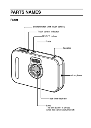 Page 20English14
SETUP
PA R T S  N A M E S
Front
Lens
The lens barrier is closed 
when the camera is turned off. Flash
Speaker
Microphone ON/OFF button Shutter button (with touch sensor)
Self-timer indicator Touch sensor indicator
Downloaded From camera-usermanual.com Sanyo Manuals 