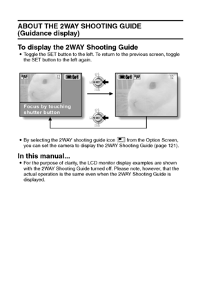 Page 3327English
ABOUT THE 2WAY SHOOTING GUIDE 
(Guidance display)
To display the 2WAY Shooting Guide
iToggle the SET button to the left. To return to the previous screen, toggle 
the SET button to the left again.
iBy selecting the 2WAY shooting guide icon * from the Option Screen, 
you can set the camera to display the 2WAY Shooting Guide (page 121).
In this manual...iFor the purpose of clarity, the LCD monitor display examples are shown 
with the 2WAY Shooting Guide turned off. Please note, however, that the...