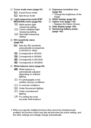 Page 70English64
1Focus mode menu (page 81)
2Light-measuring mode (EXP 
MEASURE) menu (page 82) 
3ISO sensitivity menu 
(page 83)
4White balance menu (page 84)5Exposure correction icon 
(page 46)
hChange the brightness of the 
image.
6PAGE display (page 56)
7Option icon (page 118)
hDisplays the Option Screen.
8Help display (page 125)
9Remaining battery power 
(page 142)
iWhen you specify multiple functions that cannot be simultaneously 
enabled, the function which was last set becomes the active setting, and...