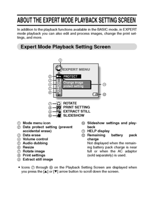 Page 101English98
PLAYBACK 
ABOUT THE EXPERT MODE PLAYBACK SETTING SCREEN
In addition to the playback functions available in the BASIC mode, in EXPERT
mode playback you can also edit and process images, change the print set-
tings, and more.
Expert Mode Playback Setting Screen
1Mode menu icon
2Data protect setting (prevent
accidental erase)
3Data erase
4Volume control
5Audio dubbing
6Resize
7Rotate image
8Print settings
9Extract still image0Slideshow settings and play-
back
AHELP display
BRemaining battery pack...