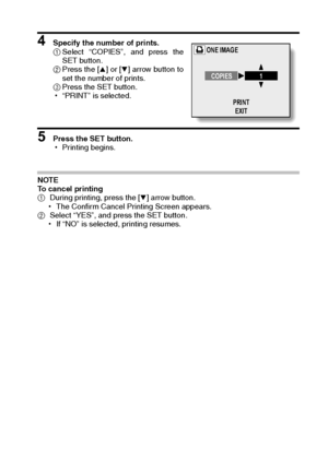 Page 151English148
4 Specify the number of prints. 
1Select “COPIES”, and press the
SET button. 
2Press the [n] or [o] arrow button to
set the number of prints.
3Press the SET button. 
h“PRINT” is selected.
5 Press the SET button. 
hPrinting begins. 
NOTE 
To cancel printing 
1During printing, press the [o] arrow button.
hThe Confirm Cancel Printing Screen appears. 
2Select “YES”, and press the SET button. 
hIf “NO” is selected, printing resumes. 
ONE IMAGE
COPIES 1
PRINT
EXIT
Downloaded From...