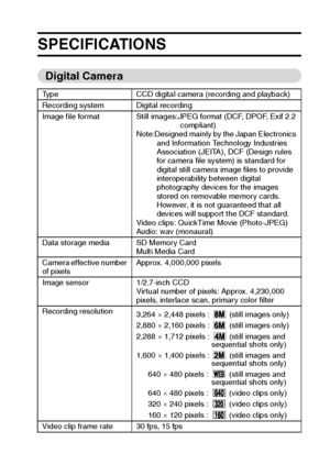 Page 177English174
SPECIFICATIONS
Digital Camera
Type CCD digital camera (recording and playback)
Recording system Digital recording
Image file format Still images:JPEG format (DCF, DPOF, Exif 2.2 
compliant) 
Note:Designed mainly by the Japan Electronics 
and Information Technology Industries 
Association (JEITA), DCF (Design rules 
for camera file system) is standard for 
digital still camera image files to provide 
interoperability between digital 
photography devices for the images 
stored on removable...