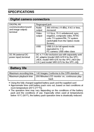 Page 180177English
SPECIFICATIONS
Digital camera connectors
Battery life
iUsing the fully charged supplied battery pack and the supplied card
iApproximate time until battery pack runs out, based on test conditions at
room temperature (25°C [77°F]).
iThe operation time may vary depending on the conditions of the battery
pack and the conditions of use. Especially when used at temperatures
below 10°C (50°F), the battery pack operation time is drastically reduced. DIGITAL/AV 
(communication/sound 
and image output)...