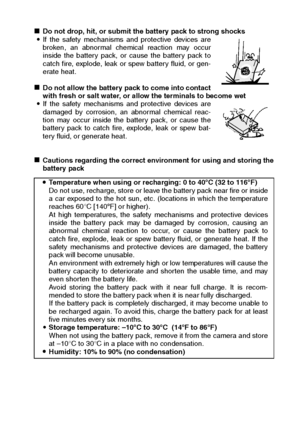 Page 19English16
kDo not drop, hit, or submit the battery pack to strong shocks 
iIf the safety mechanisms and protective devices are
broken, an abnormal chemical reaction may occur
inside the battery pack, or cause the battery pack to
catch fire, explode, leak or spew battery fluid, or gen-
erate heat. 
kDo not allow the battery pack to come into contact
with fresh or salt water, or allow the terminals to become wet
iIf the safety mechanisms and protective devices are
damaged by corrosion, an abnormal chemical...