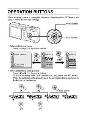 Page 3835English
OPERATION BUTTONS
When a setting screen is displayed, the arrow buttons and the SET button are
used to make the desired settings. 
iWhen selecting a menu 
hPress [n] or [o] on the arrow button. 
iWhen selecting a setting (icon) 
hPress [l] or [m] on the arrow button. 
hTo make a setting, select the desired icon, and press the SET button.
When the selected setting is activated, the corresponding icon moves to
the left end of the line-up. 
Arrow buttons
SET buttons
FULL AUTOUSE AUTO SRESOLUTI
SET...