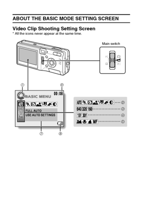 Page 5249English
ABOUT THE BASIC MODE SETTING SCREEN
Video Clip Shooting Setting Screen 
* All the icons never appear at the same time. 
6
8
1
7
2
3
4
5
FULL AUTO
USE AUTO SETTINGS
Main switch
Downloaded From camera-usermanual.com Sanyo Manuals 