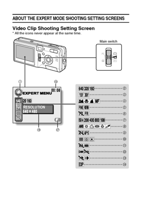 Page 8481English
ABOUT THE EXPERT MODE SHOOTING SETTING SCREENS 
Video Clip Shooting Setting Screen * All the icons never appear at the same time. 
E
G1
F
2
3
4
5
6
7
8
9
0
A
B
C
D
RESOLUTION
Main switch
Downloaded From camera-usermanual.com Sanyo Manuals 