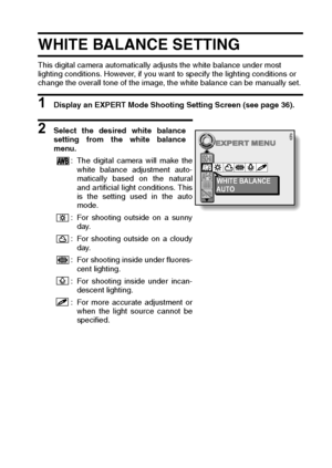 Page 89English86
WHITE BALANCE SETTING 
This digital camera automatically adjusts the white balance under most 
lighting conditions. However, if you want to specify the lighting conditions or 
change the overall tone of the image, the white balance can be manually set. 
1 Display an EXPERT Mode Shooting Setting Screen (see page 36). 
2 Select the desired white balance
setting from the white balance
menu. 
: The digital camera will make the
white balance adjustment auto-
matically based on the natural
and...