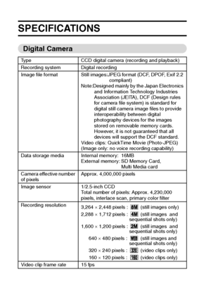 Page 132129English
SPECIFICATIONS
Digital Camera
Type CCD digital camera (recording and playback)
Recording system Digital recording
Image file format Still images:JPEG format (DCF, DPOF, Exif 2.2 
compliant) 
Note:Designed mainly by the Japan Electronics 
and Information Technology Industries 
Association (JEITA), DCF (Design rules 
for camera file system) is standard for 
digital still camera image files to provide 
interoperability between digital 
photography devices for the images 
stored on removable...