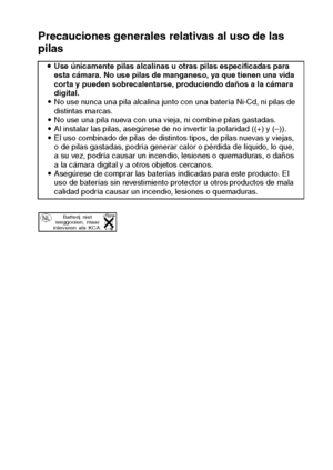 Page 13Español10
Precauciones generales relativas al uso de las 
pilas
iUse únicamente pilas alcalinas u otras pilas especificadas para 
esta cámara. No use pilas de manganeso, ya que tienen una vida 
corta y pueden sobrecalentarse, produciendo daños a la cámara 
digital.
iNo use nunca una pila alcalina junto con una batería Ni-Cd, ni pilas de 
distintas marcas.
iNo use una pila nueva con una vieja, ni combine pilas gastadas.
iAl instalar las pilas, asegúrese de no invertir la polaridad ((+) y (–)).
iEl uso...